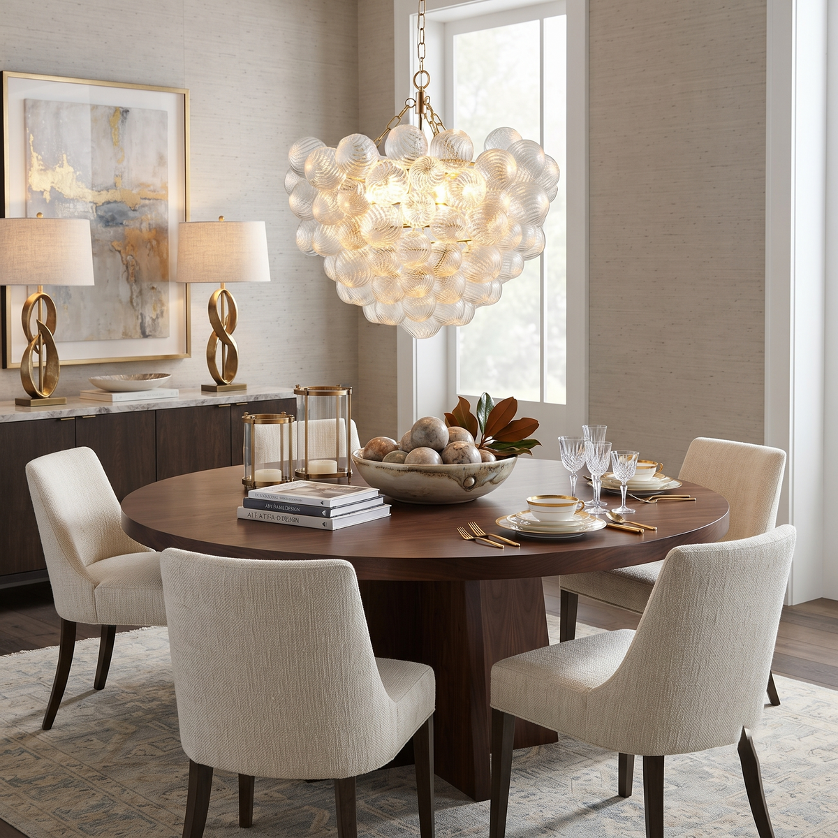 Contemporary Glass Sphere Chandelier over Round Dining Table