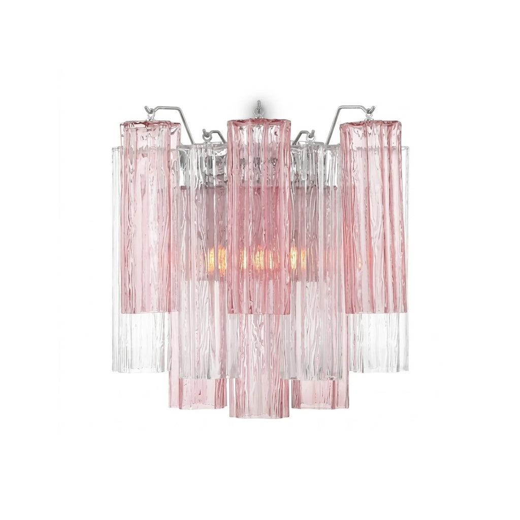 Modern Pink Striped Art Glass Wall Sconce with Silver Hardware on Pure White Background