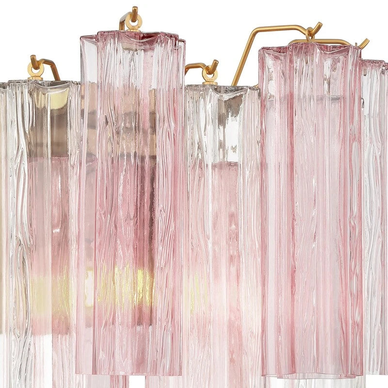 Close Up View of Pink Striped Art Glass Panels and Hardware