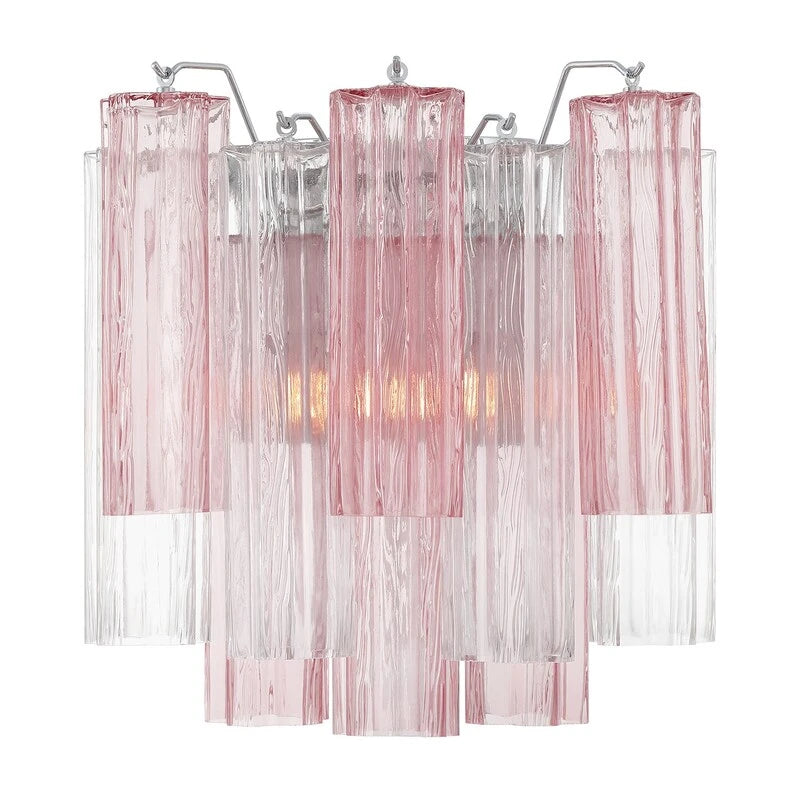 Illuminated Modern Pink Striped Art Glass Wall Sconce Studio Shot