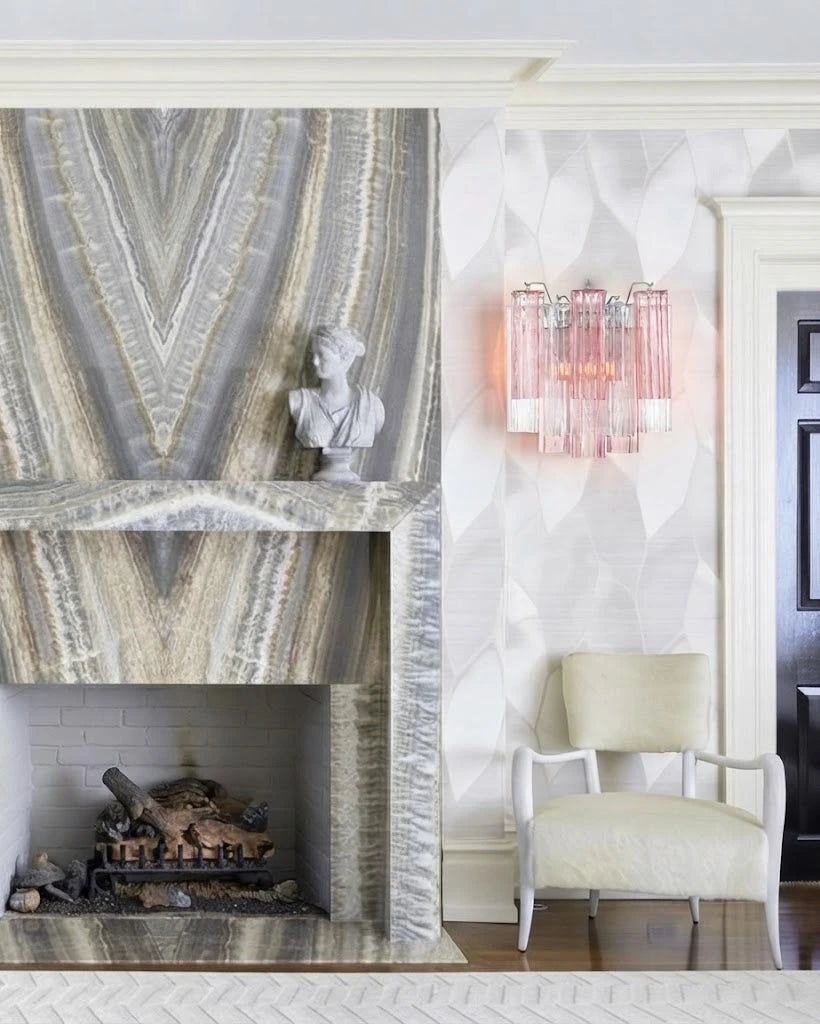 Modern Pink Striped Art Glass Wall Sconce Near Fireplace Mantel