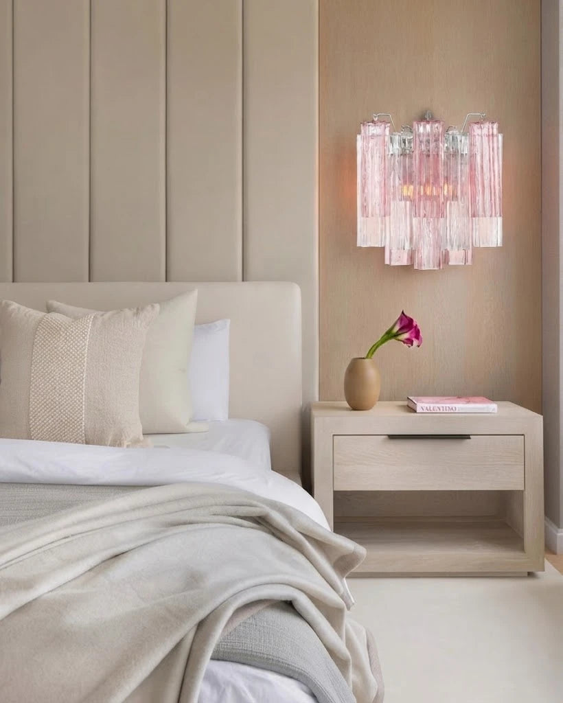 Modern Pink Striped Art Glass Wall Sconce in Master Bedroom Interior