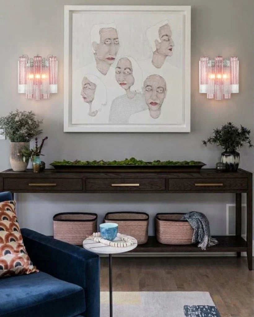 Modern Pink Striped Art Glass Wall Sconce in Living Room Setting