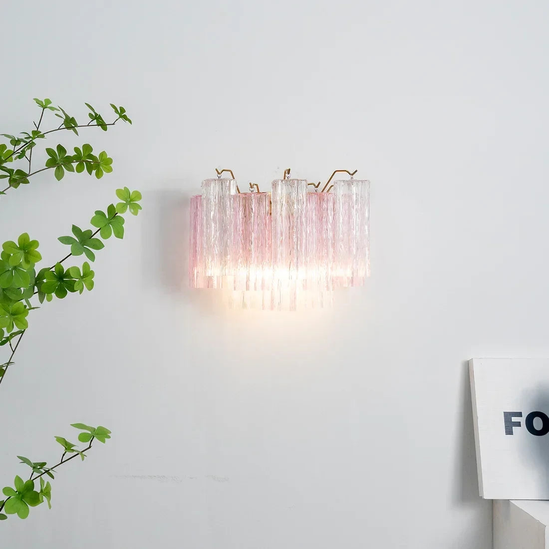 Illuminated Modern Pink Striped Art Glass Wall Sconce with Greenery