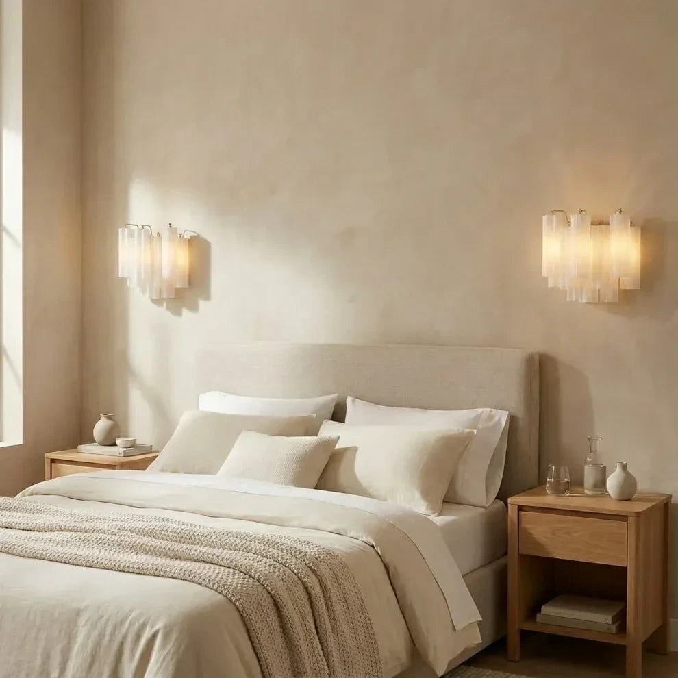 Symmetrical Modern Pink Striped Art Glass Wall Sconces in Bedroom