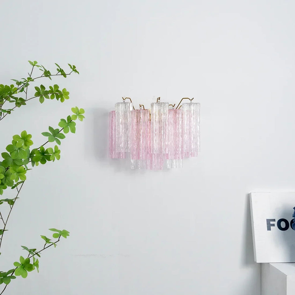 Angled View of Modern Pink Striped Art Glass Wall Sconce