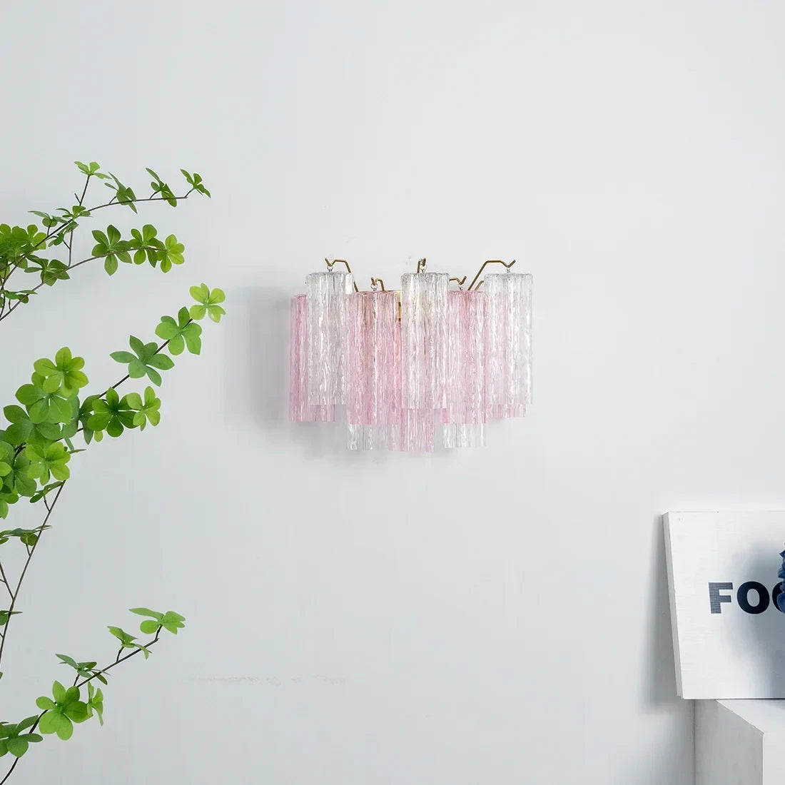 Angled View of Modern Pink Striped Art Glass Wall Sconce