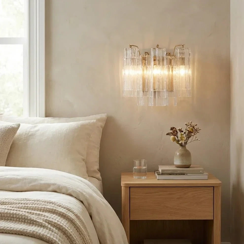 Illuminated Modern Pink Striped Art Glass Wall Sconce Over Nightstand