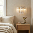Illuminated Modern Pink Striped Art Glass Wall Sconce Over Nightstand