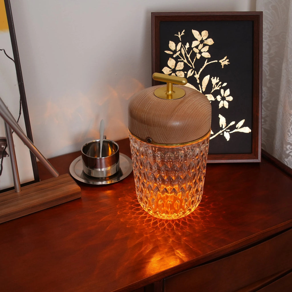 Illuminated Modern Wooden Lid Cordless Table Lamp in Warm Interior Setting