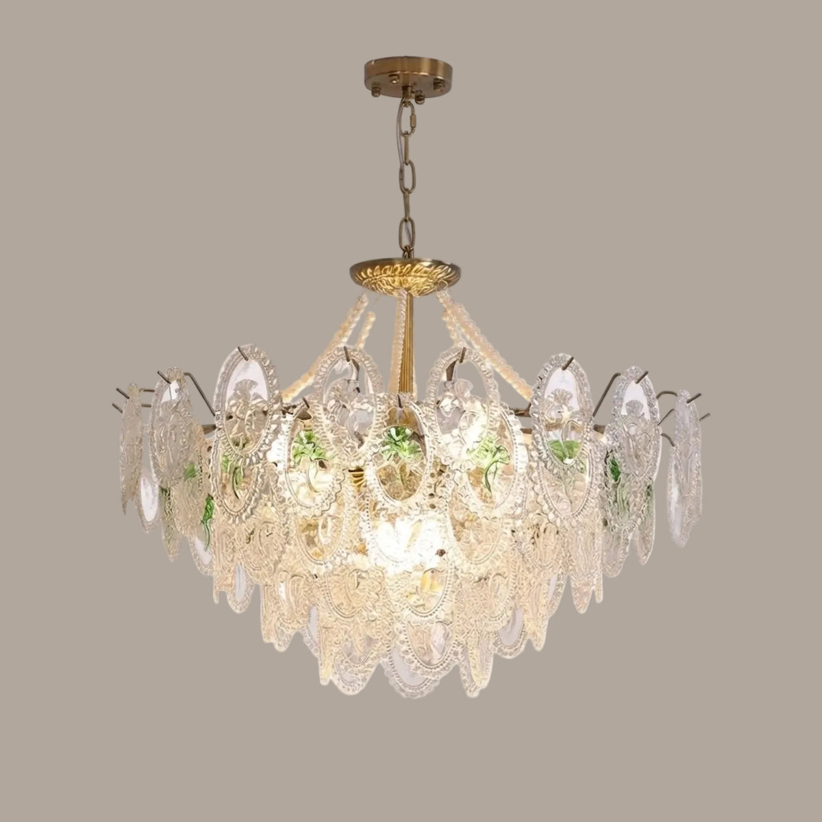 Illuminated Modern Brass Oval Crystal Art Glass Chandelier Studio Shot