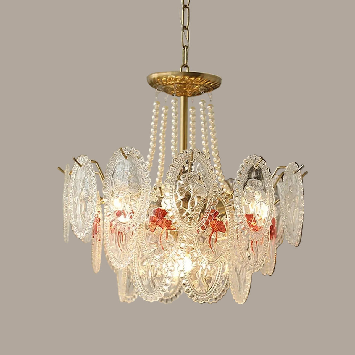 Illuminated Modern Oval Crystal Art Glass Chandelier Studio Shot on Pure White Background