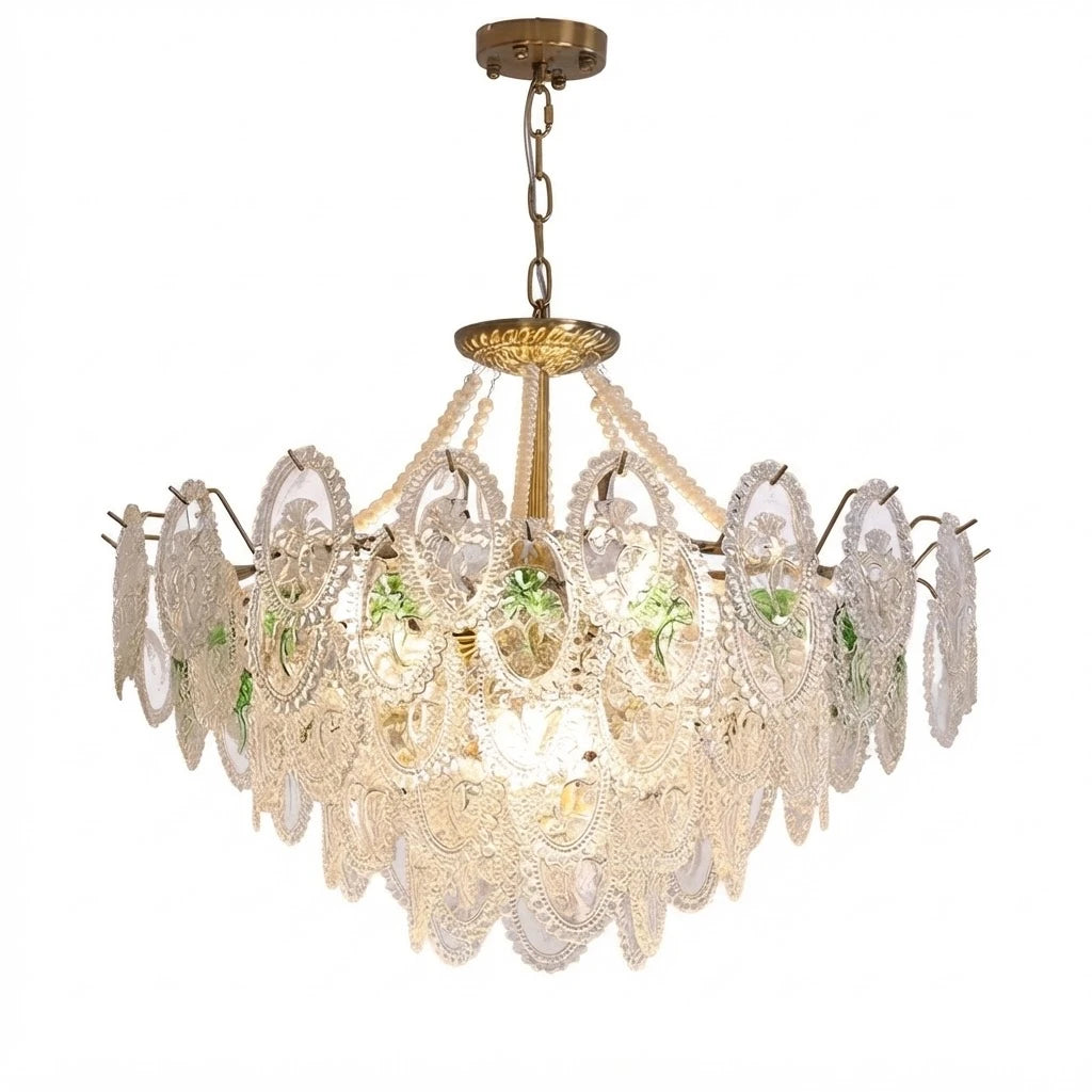Modern Brass and Oval Crystal Art Glass Chandelier with Gold Canopy and Chain on Pure White Background