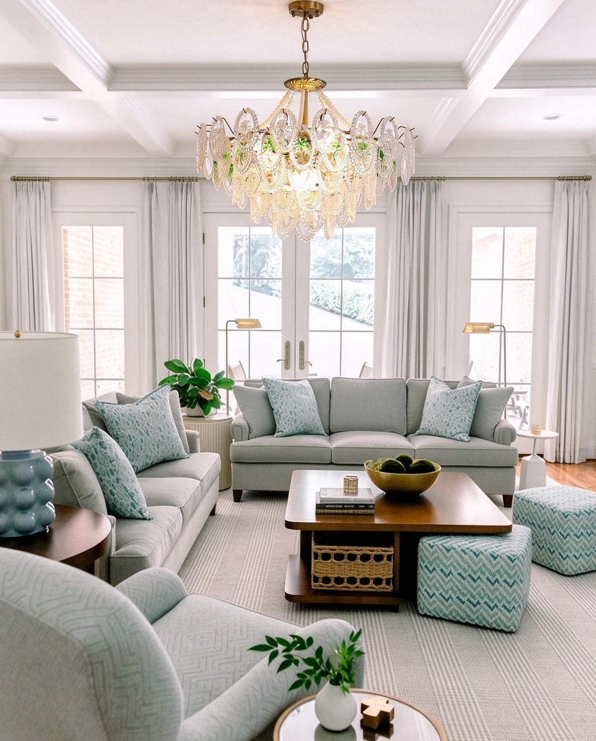 Modern Oval Crystal Art Glass Chandelier in Bright Living Room Setting