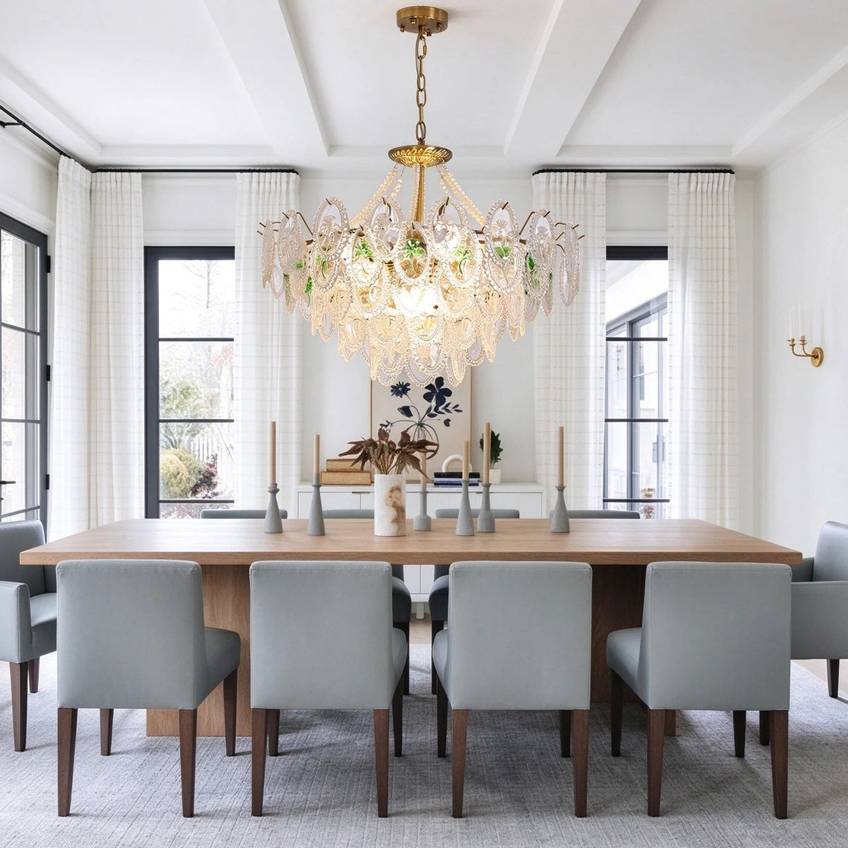 Modern Brass Oval Crystal Art Glass Chandelier in Formal Dining Room