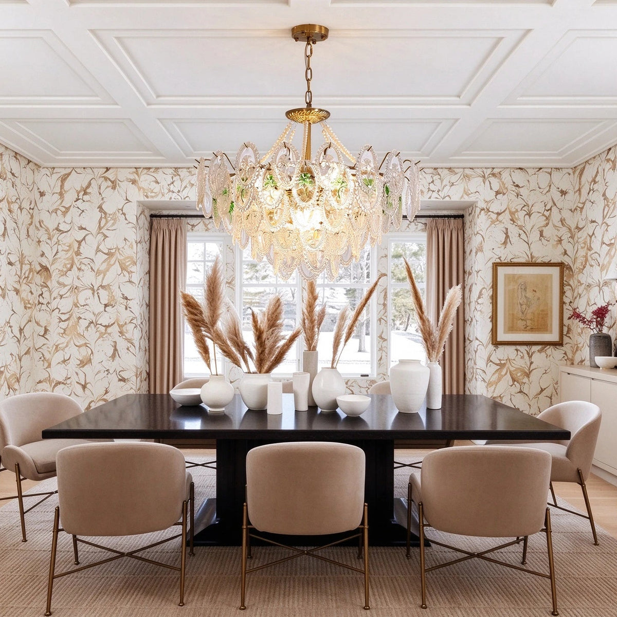 Modern Oval Crystal Art Glass Chandelier in Elegant Dining Setting
