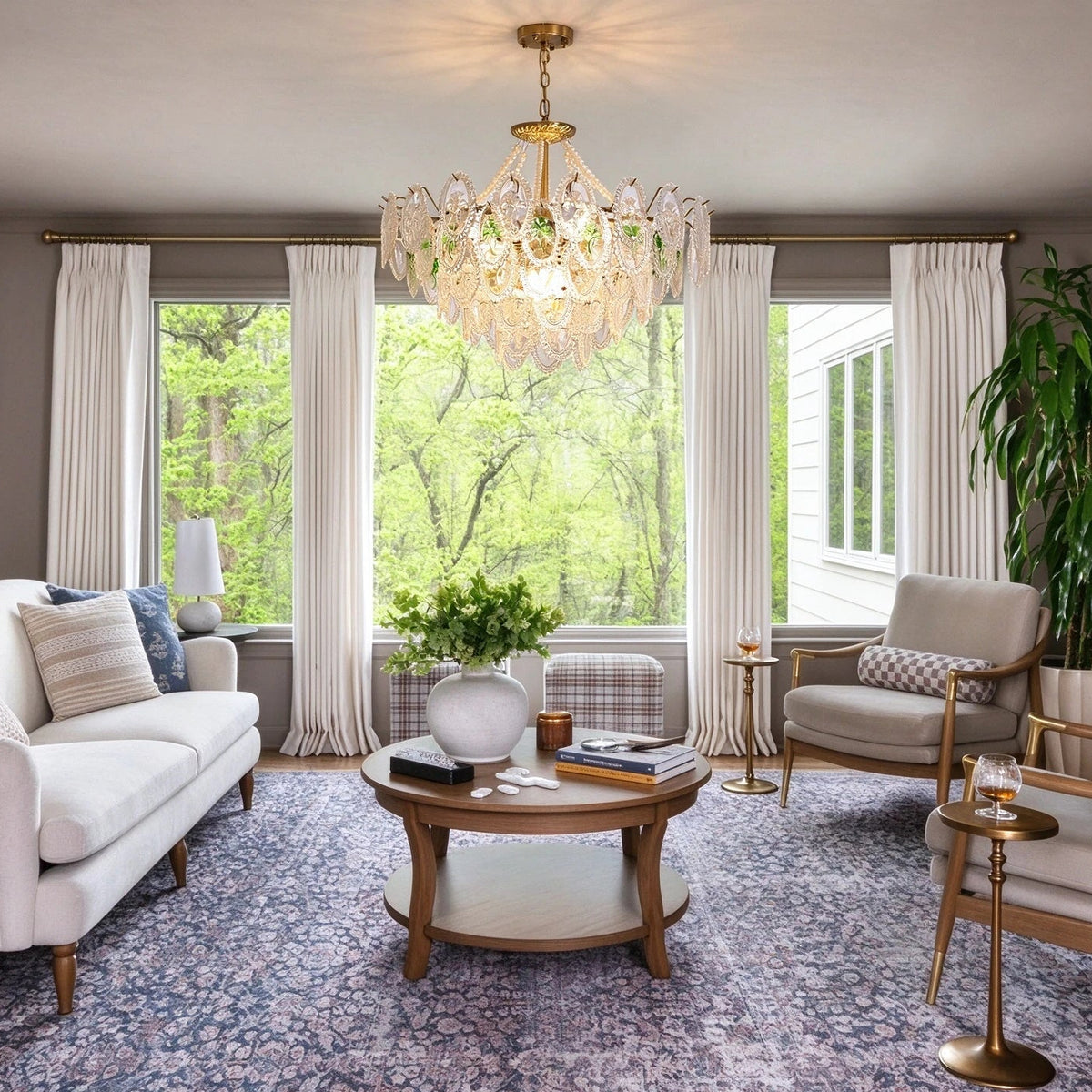 Modern Brass Oval Crystal Art Glass Chandelier in Cozy Living Space