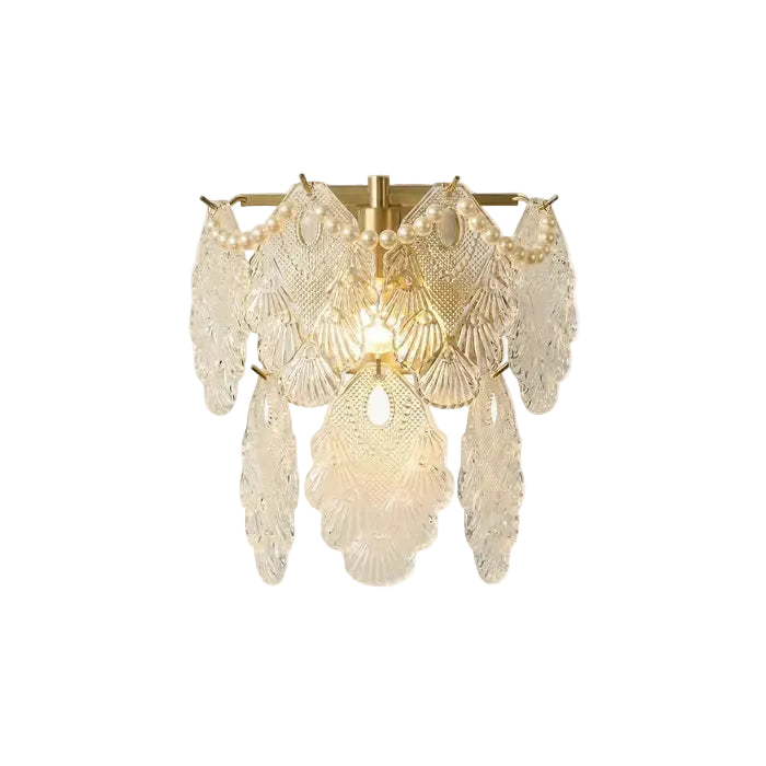Modern Brass and Amber Leaf Art Glass Wall Sconce with Gold Canopy on Pure White Background