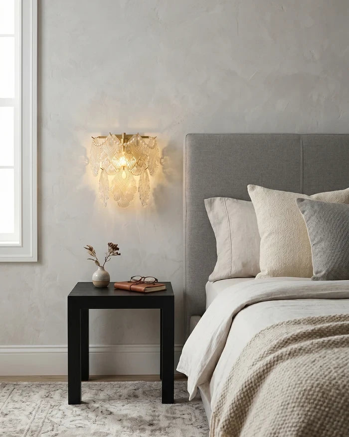 Modern Amber Leaf Art Glass Wall Sconce in Cozy Bedroom Interior
