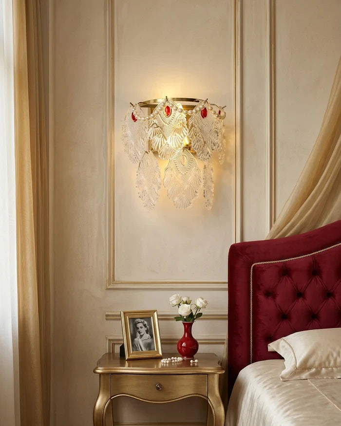 Modern Brass Amber Leaf Wall Sconce in Elegant Bedroom Setting