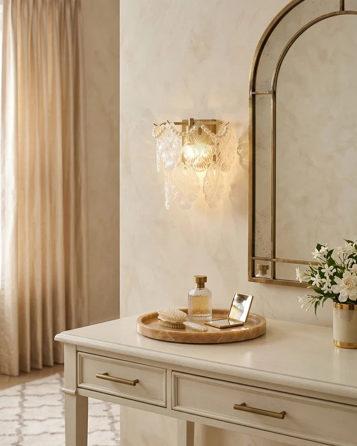 Modern Brass Amber Leaf Wall Sconce Over Bathroom Vanity