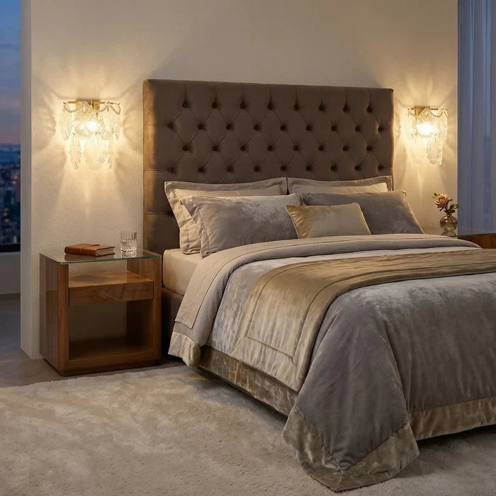 Modern Amber Leaf Art Glass Wall Sconces in Formal Bedroom Setting