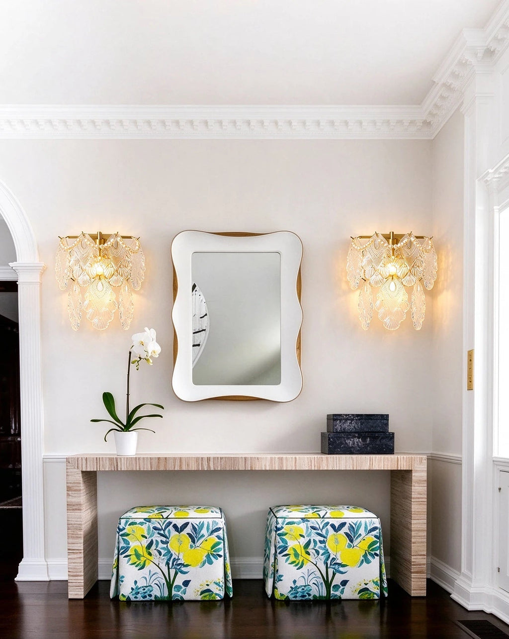 Modern Amber Leaf Art Glass Wall Sconce in Grand Foyer Setting