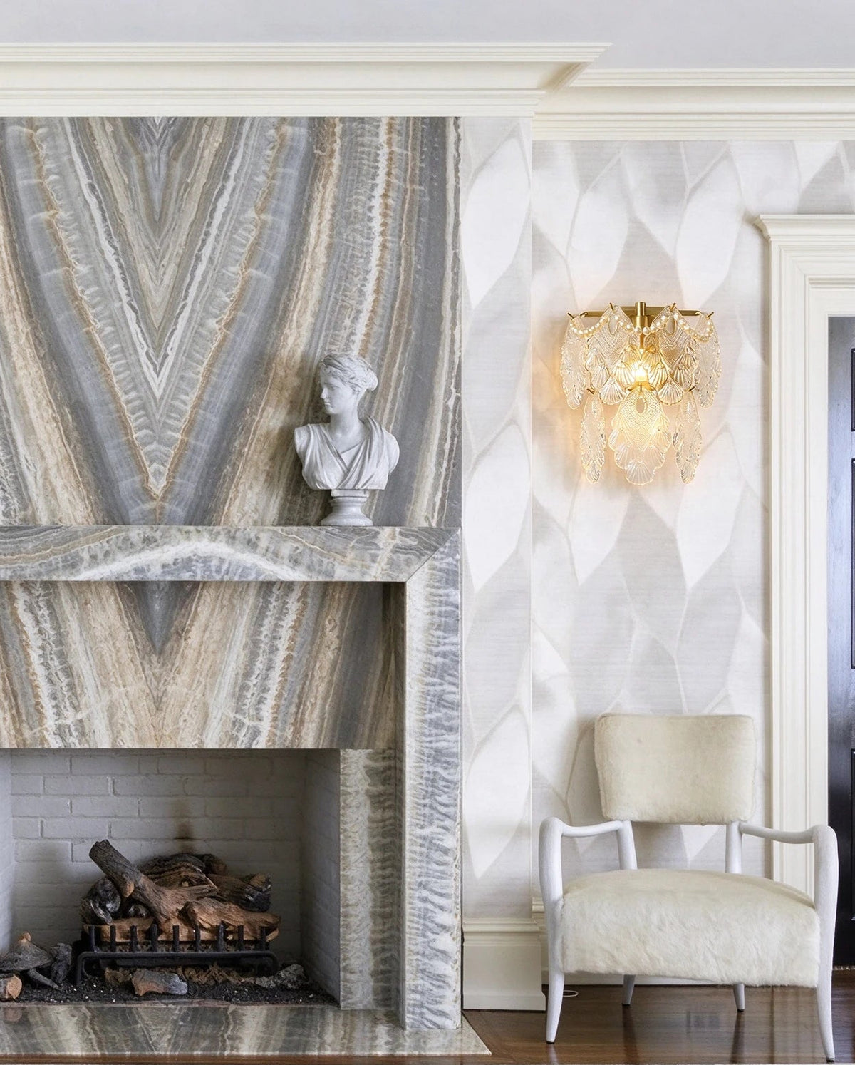 Modern Brass Amber Leaf Wall Sconce in Luxury Living Room