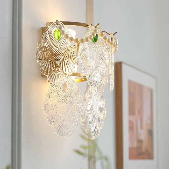 Illuminated Modern Multi-Gem Leaf Art Glass Wall Sconce Studio Display