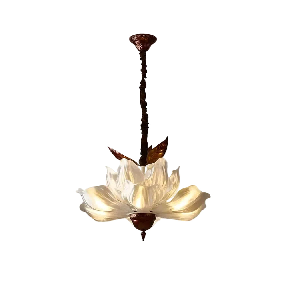 Modern Floral Art Glass Pendant Light with White Petals and Bronze Hardware on Pure White Background