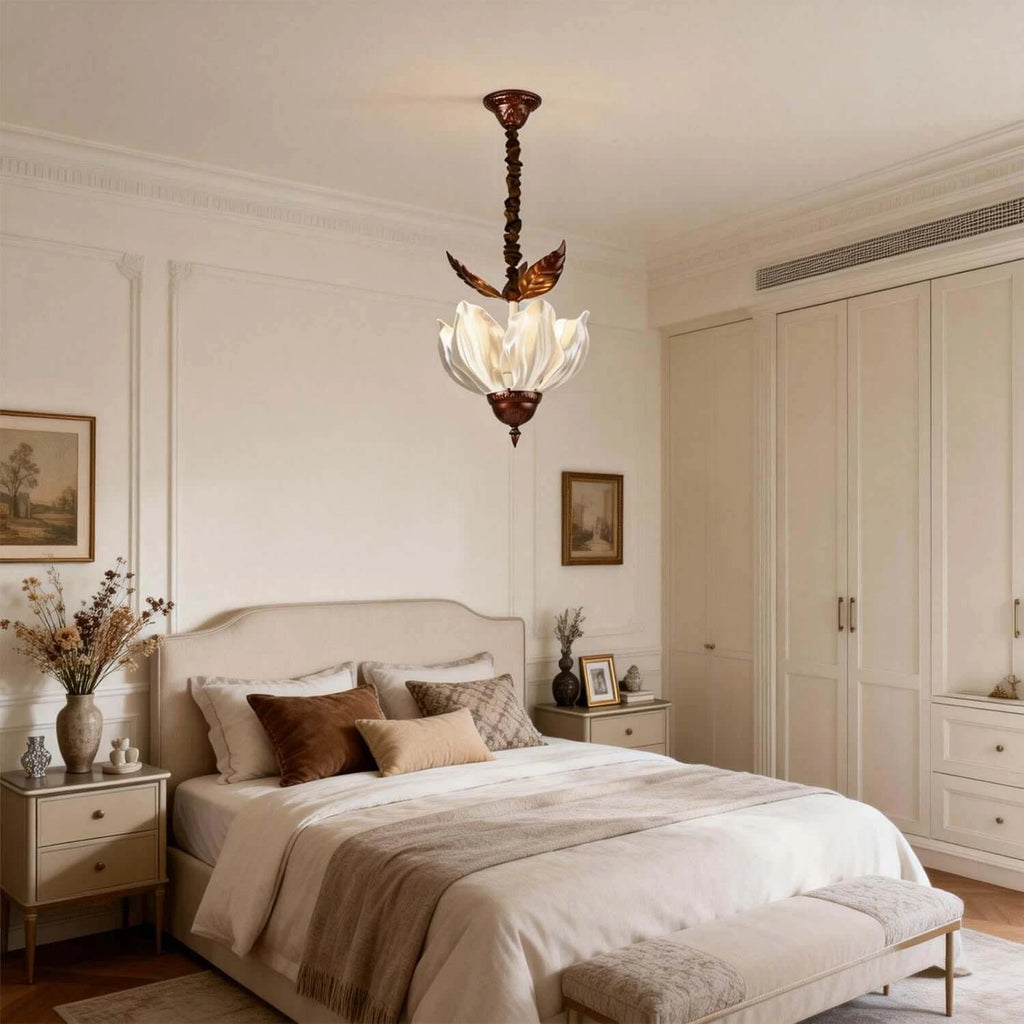 Modern Floral Art Glass Pendant Light in Master Bedroom