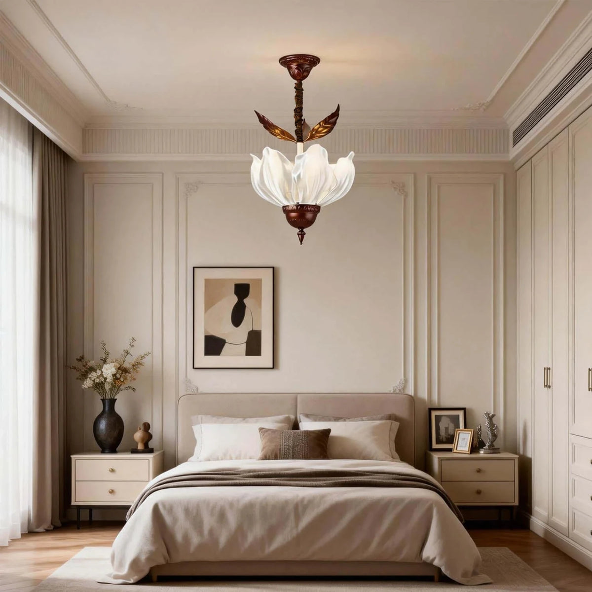 Modern Floral Glass Pendant Light in Bedroom Interior