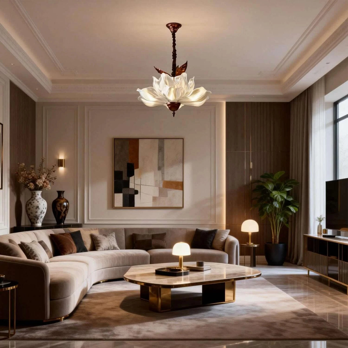 Modern Floral Art Glass Pendant Light in Luxury Living Room
