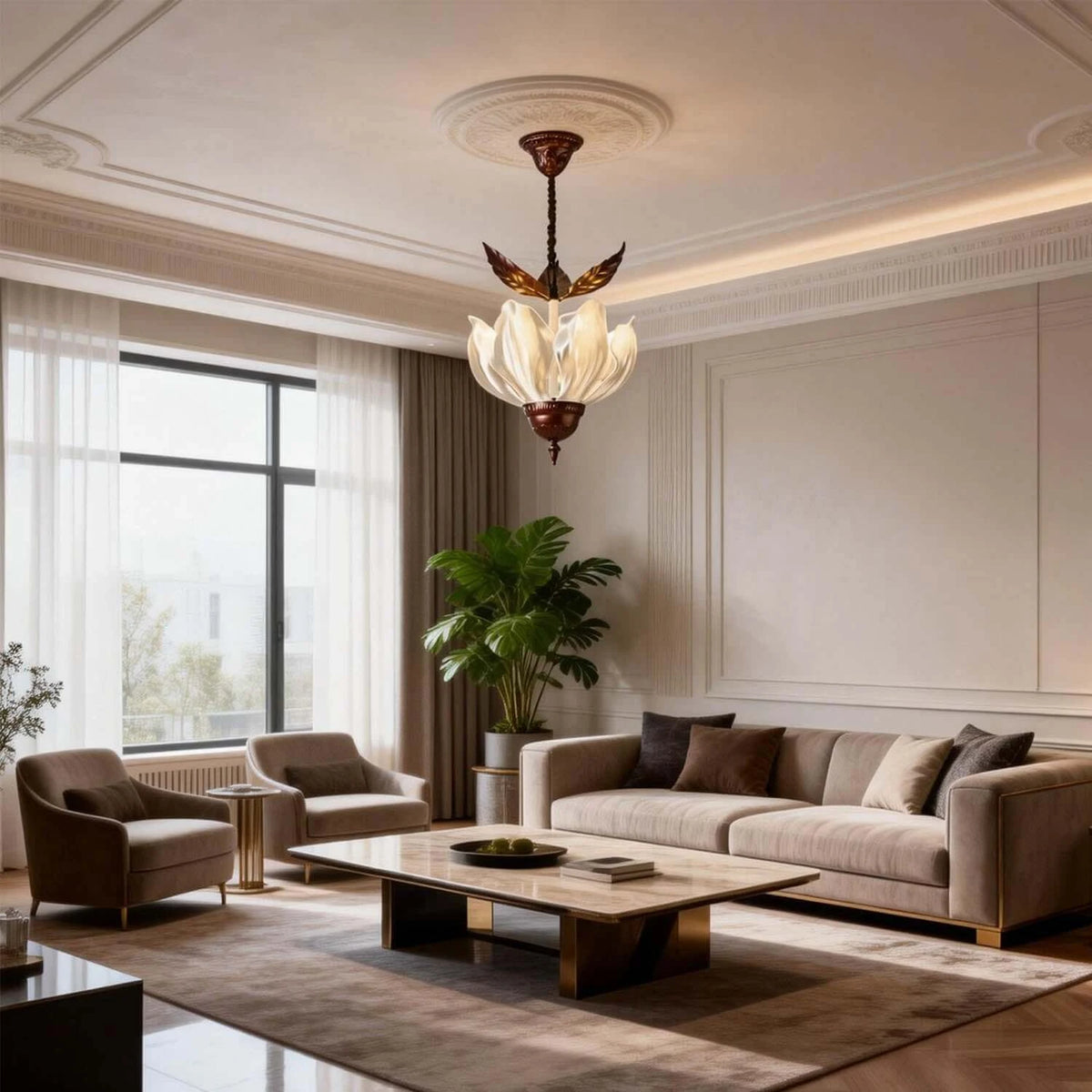Modern Floral Glass Pendant Light in Bright Living Room