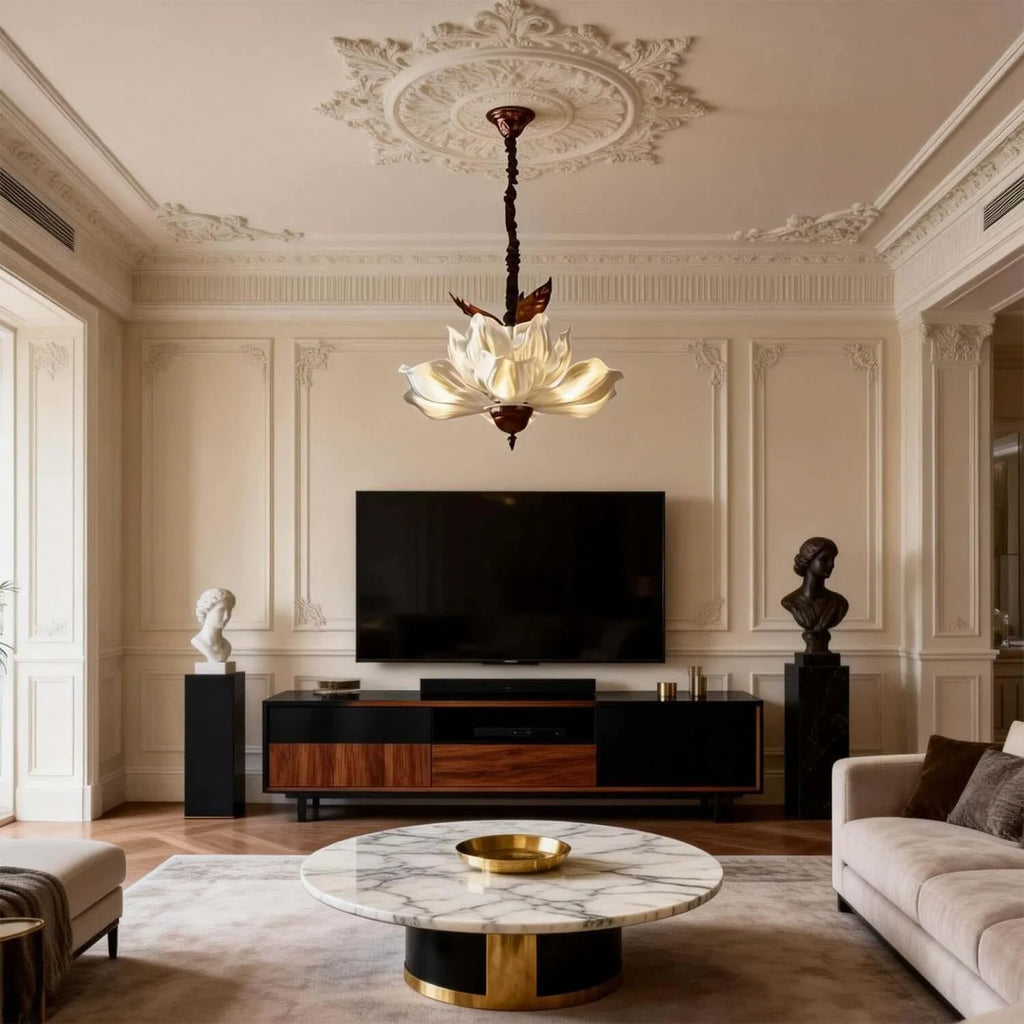 Modern Floral Art Glass Pendant Light in Elegant Living Room