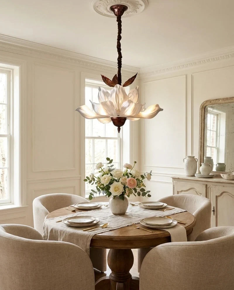 Modern Floral Art Glass Pendant Light Over Dining Table