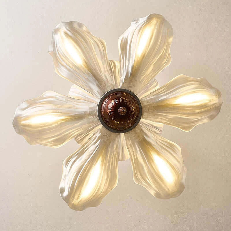 Bottom Up View of Illuminated Modern Floral Art Glass Pendant Light