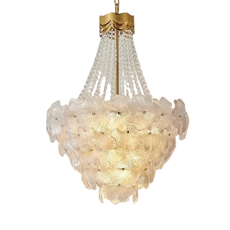 Modern Cascading Crystal Floral and Bead Art Glass Chandelier with Brass Canopy on Pure White Background