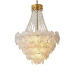 Modern Cascading Crystal Floral and Bead Art Glass Chandelier with Brass Canopy on Pure White Background