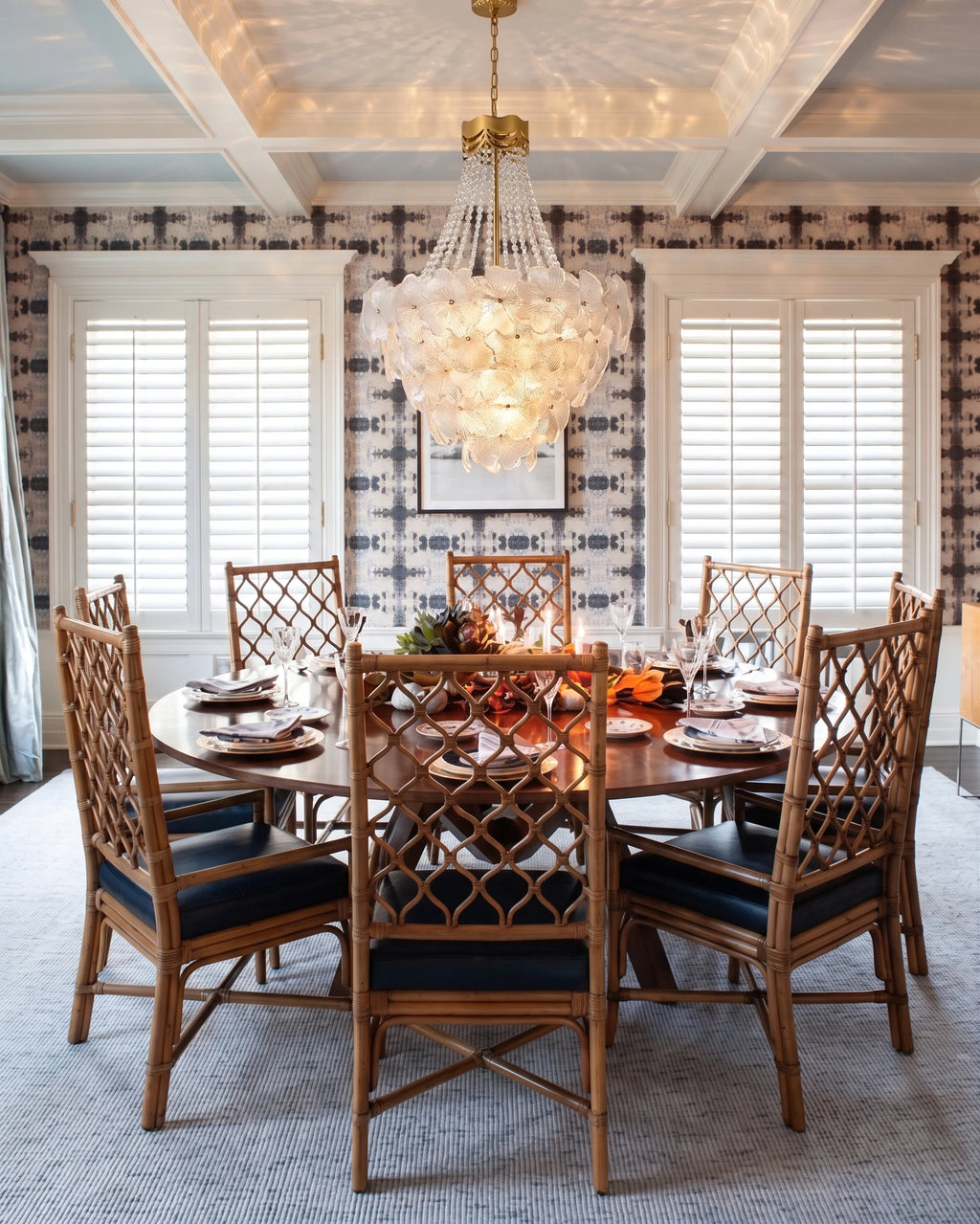 Modern Crystal Floral and Bead Chandelier Over Wooden Dining Table