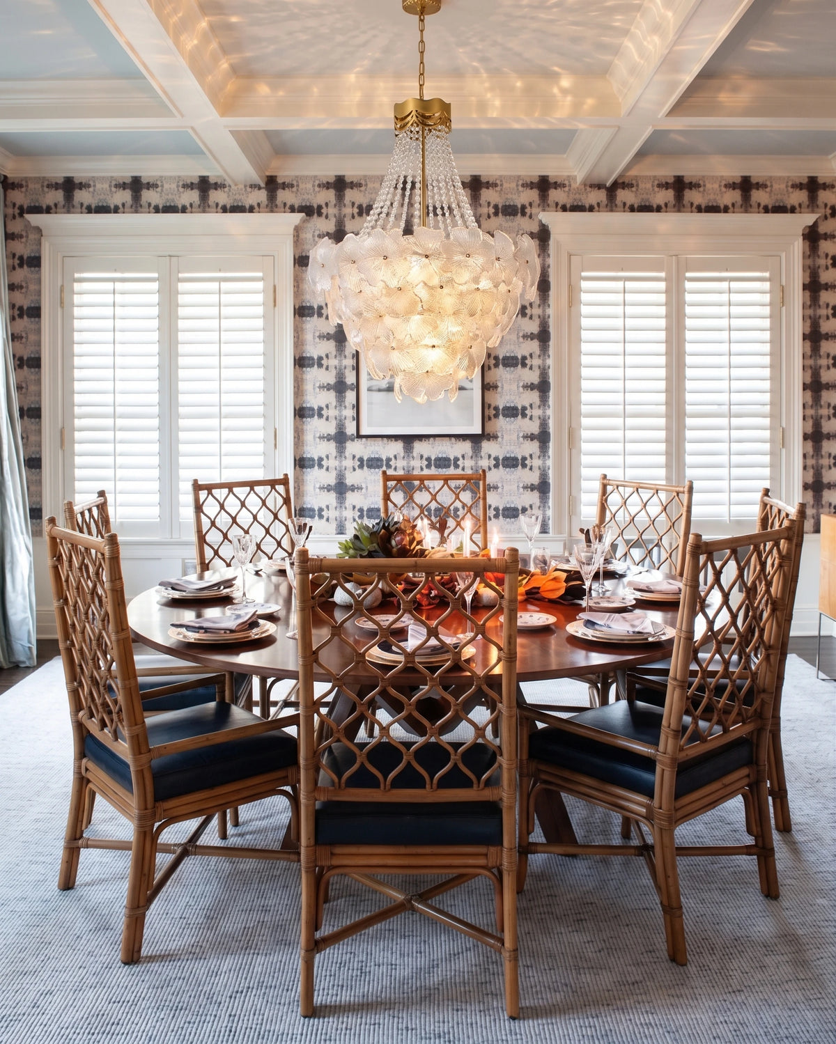 Modern Crystal Floral and Bead Chandelier Over Wooden Dining Table