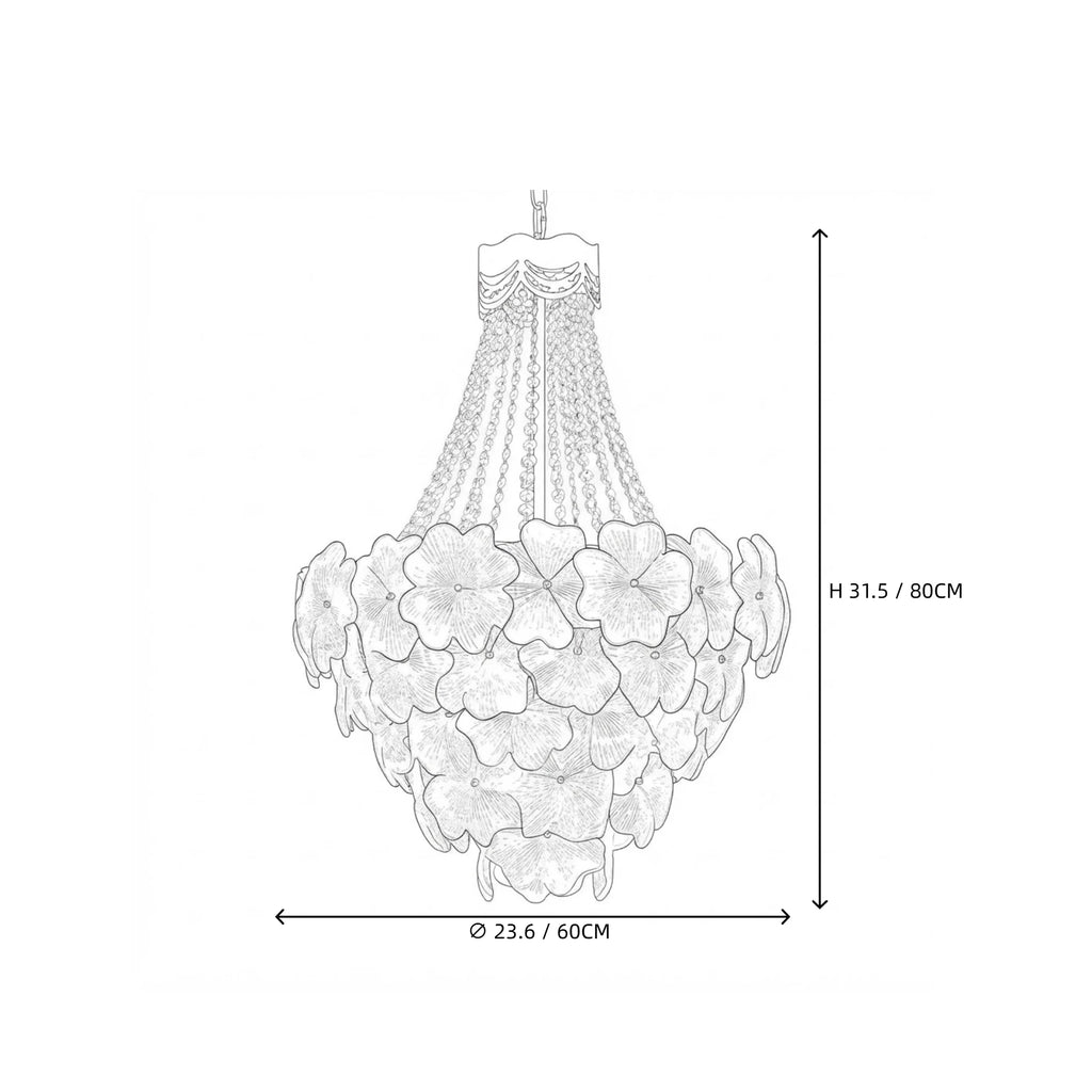 Modern Cascading Crystal Floral and Bead Chandelier Style B Line Art Dimension Diagram