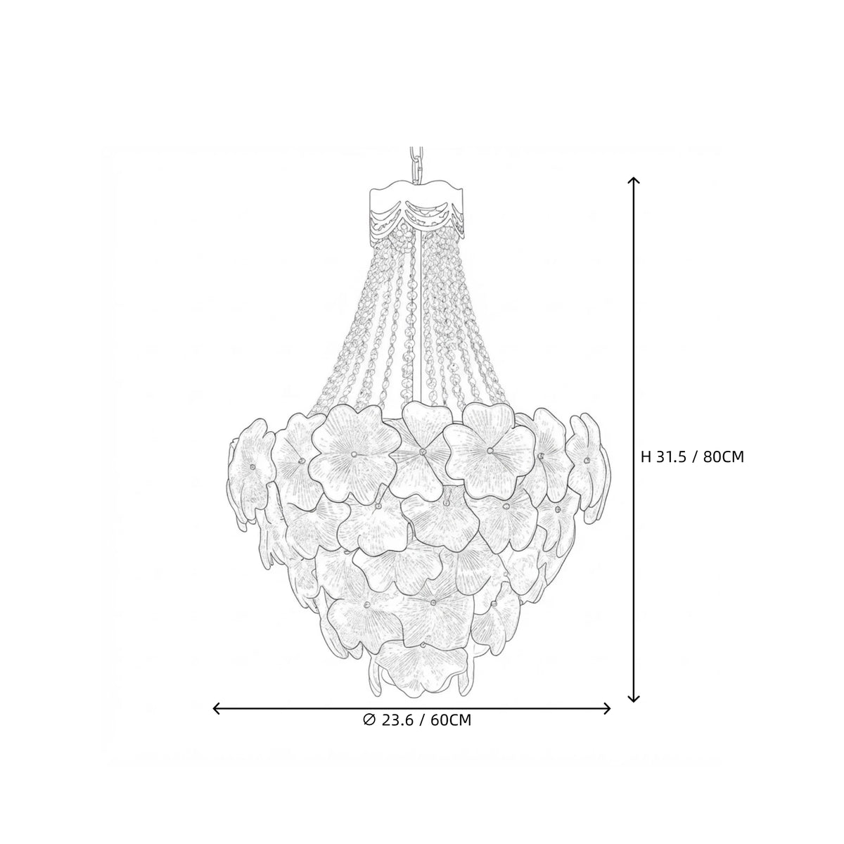 Modern Cascading Crystal Floral and Bead Chandelier Style B Line Art Dimension Diagram