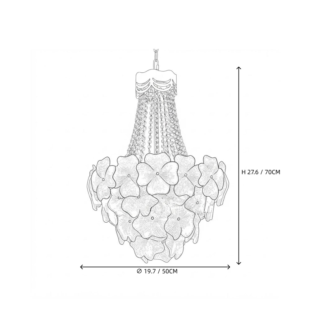 Modern Cascading Crystal Floral and Bead Chandelier Style A Line Art Dimension Diagram
