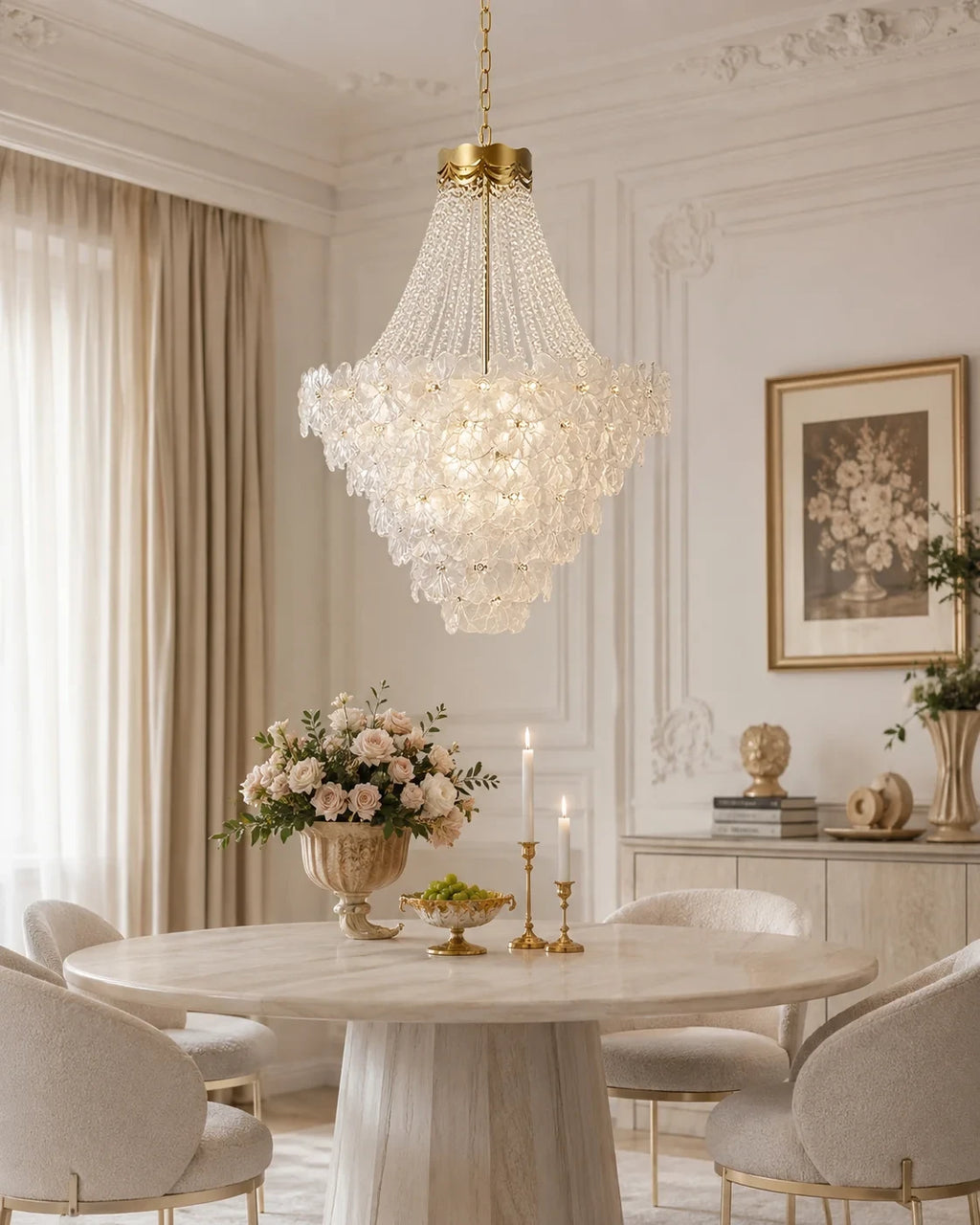 Modern Cascading Crystal Floral Chandelier Over Dining Area