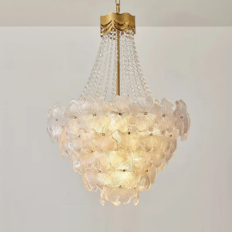 Angled View of Illuminated Modern Crystal Floral Art Glass Chandelier