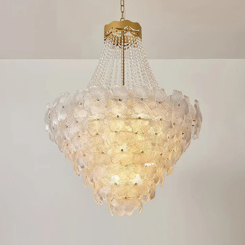 Studio Display of Illuminated Modern Cascading Crystal Chandelier