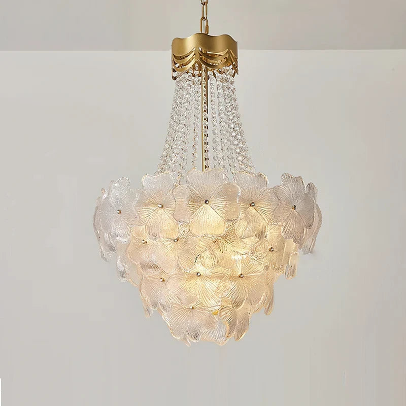 Illuminated Modern Cascading Crystal Floral and Bead Chandelier Studio Shot