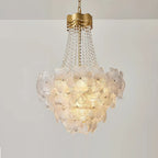Illuminated Modern Cascading Crystal Floral and Bead Chandelier Studio Shot