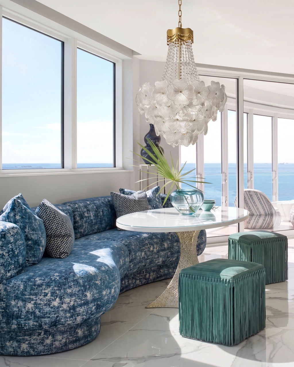 Modern Crystal Floral and Bead Chandelier in Coastal Living Room